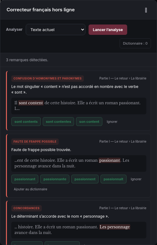 Correcteur français hors ligne de CloudWriter affichant des suggestions grammaticales
