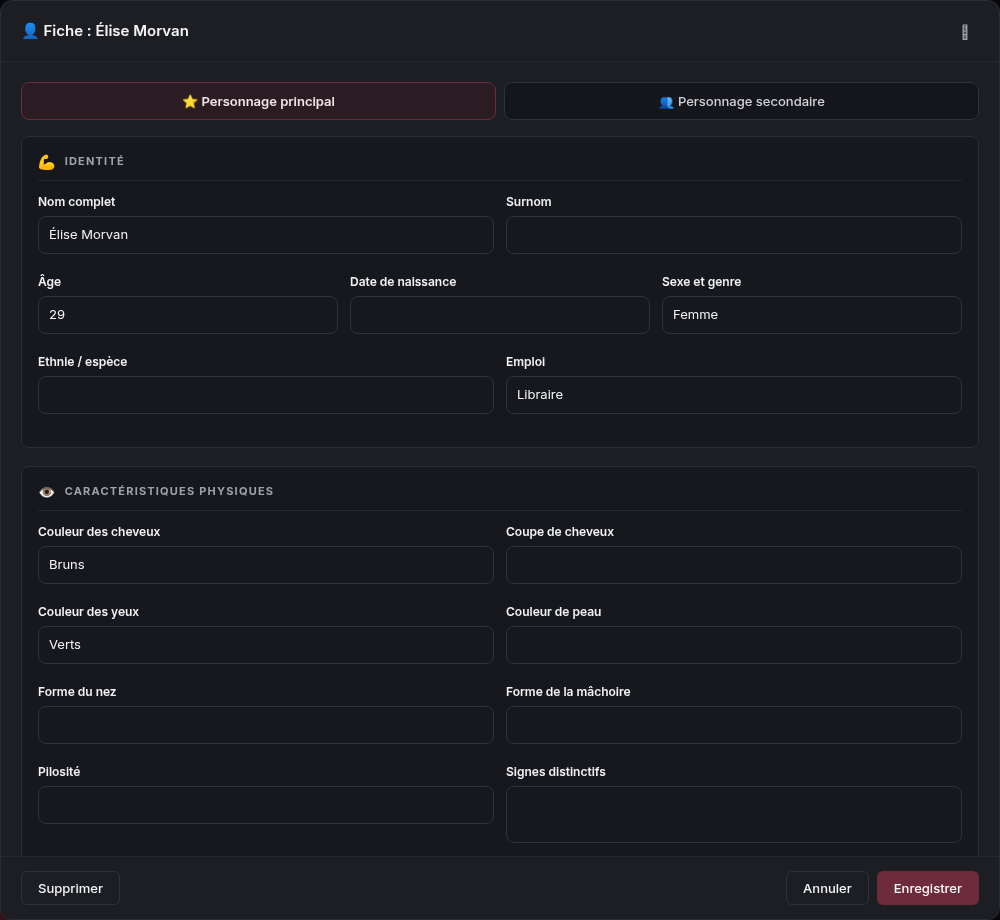 Fiche personnage détaillée dans CloudWriter