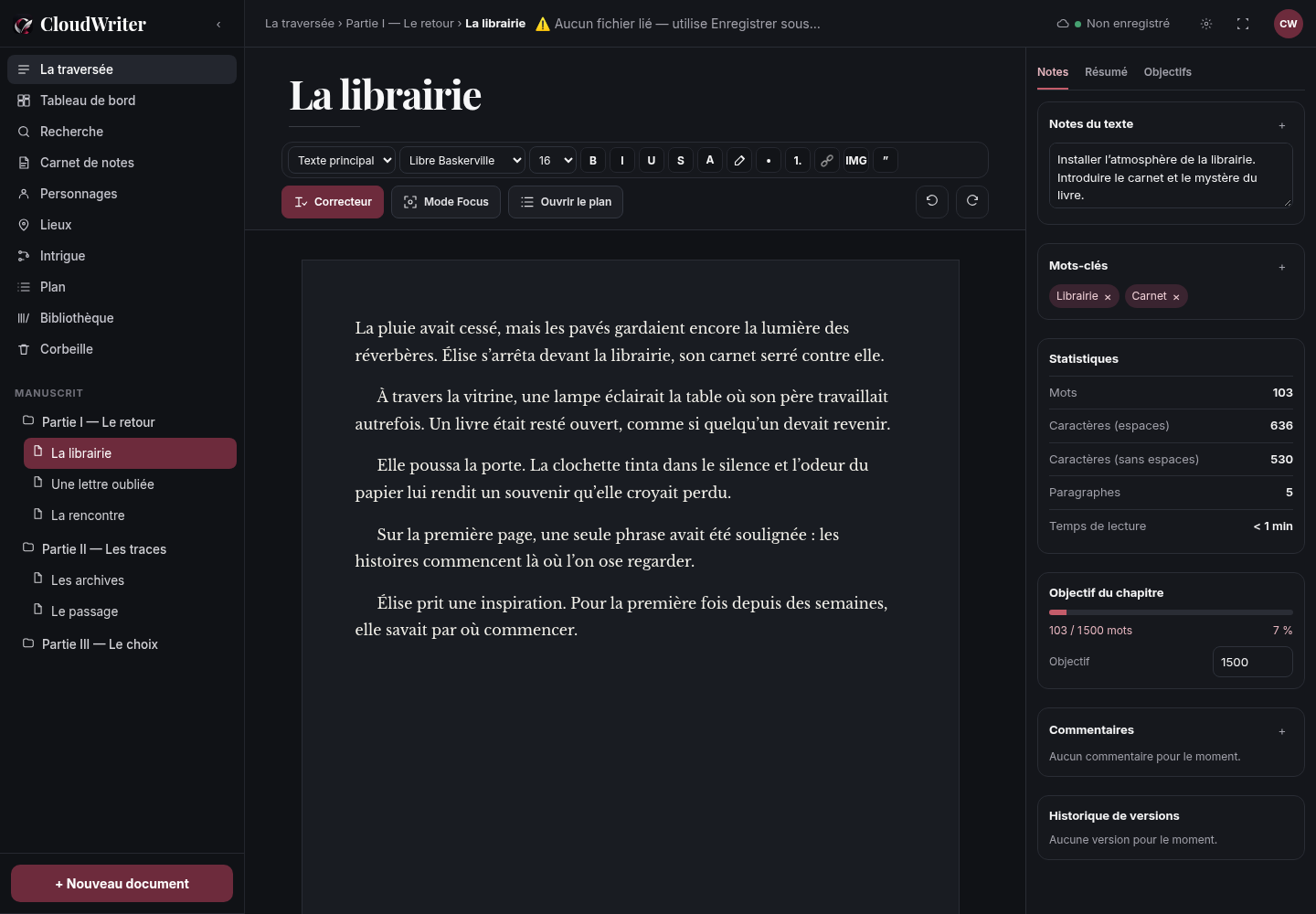 CloudWriter 1.0.4 : une feuille continue, les chapitres et les outils d’écriture